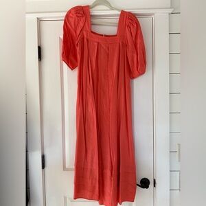 Hunter Bell Coral Midi Dress with Puff Sleeves